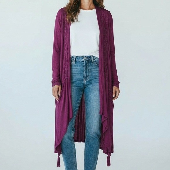 ONE WORLD Sweaters - NWT One World Cardigan Women L Mauve Purple Lace Trim Duster Boho Festival